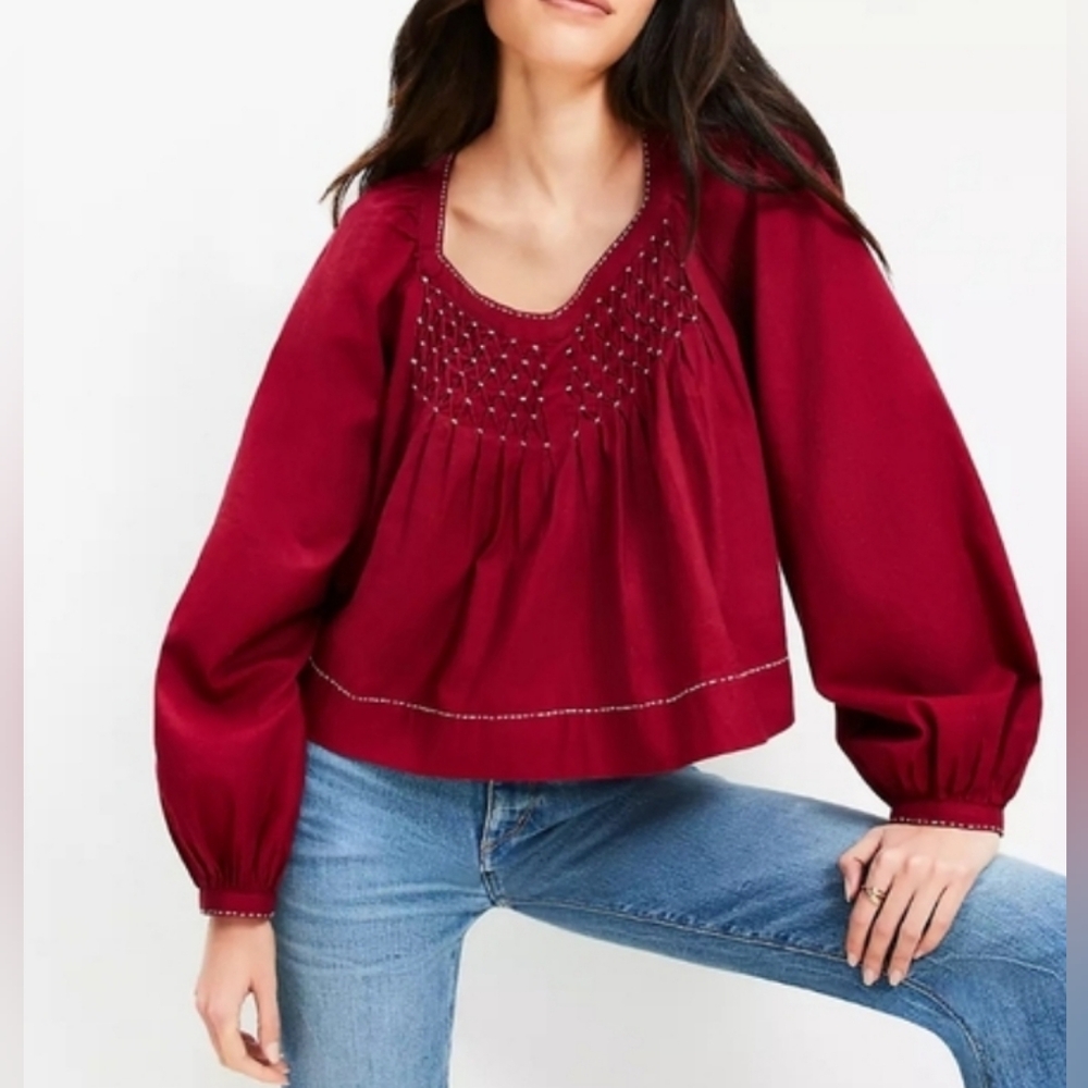 NWT LOFT Red 100% Cotton Sweetheart Neckline Top Blouse Women's Sz Plus XXL - Picture 2 of 8